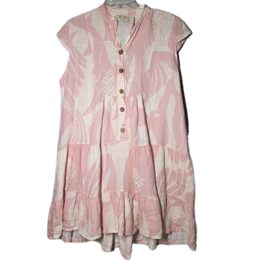 Puro Lino Made In Italy Linen Tiered Mini Dress Size L Pink  And White